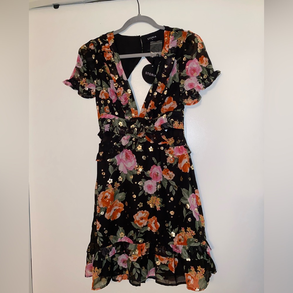 NBW NWT Black Floral Mini Dress with Open Back